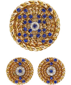 NoArtist - Diamond and Sapphire Brooch and Earclip Set