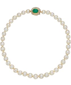NoArtist - Cultured Pearl, Emerald and Diamond Necklace