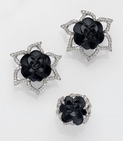 Sold at Auction: Chanel CAMELLIA Onyx 18k Flower Post Clip Earrings
