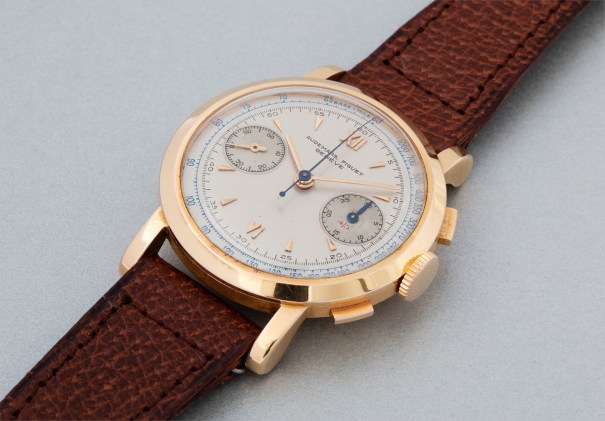 An extremely rare, highly attractive, and large pink gold chronograph wristwatch with blue tachometer scale