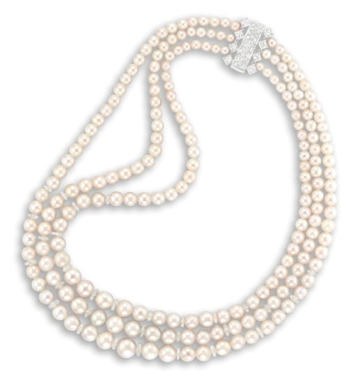Lot - Double Strand Pearl Necklace with Platinum, Emerald, and Diamond Clasp