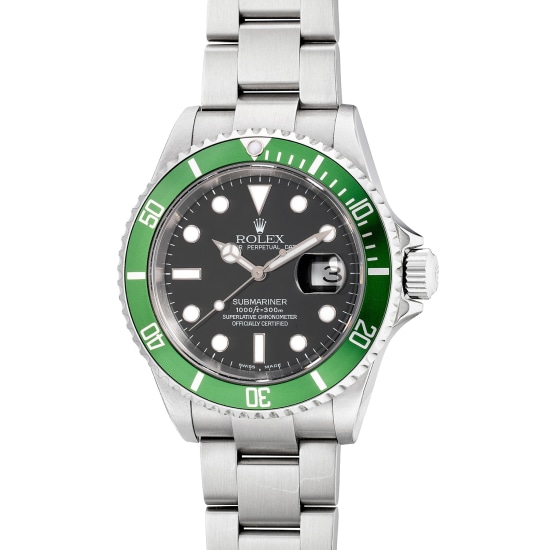 ROLEX, 'KERMIT FLAT 4' SUBMARINER, REF 16610LV STAINLESS STEEL WRISTWATCH  WITH DATE AND BRACELET CIRCA 2003, Watches Online, Watches