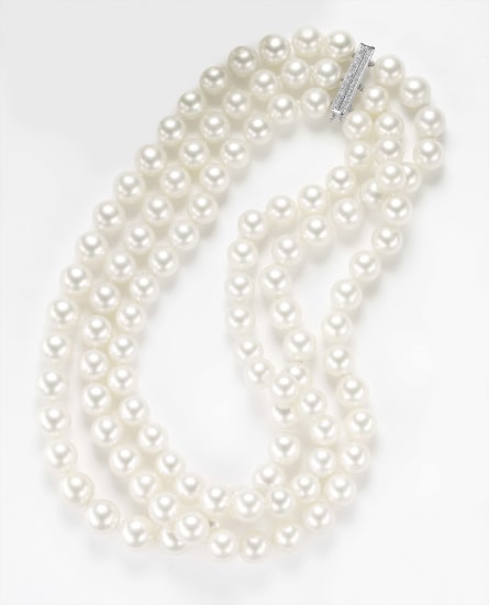 A Three Strand South Sea Cultured Pearl and Diamond Necklace | Phillips