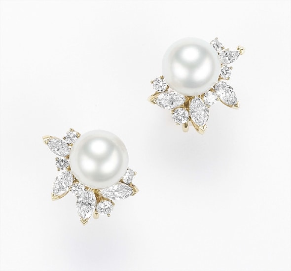 A Pair of Cultured Pearl and Diamond Earclips | Phillips