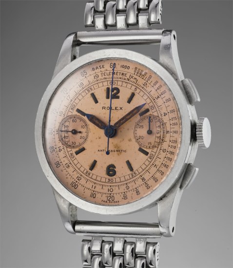 Rolex An Fine And Rare Stainless Steel Chronograph Wristwatch With Salmon Coloured Dial And Stainless Steel Bracelet Circa 1936 Phillips