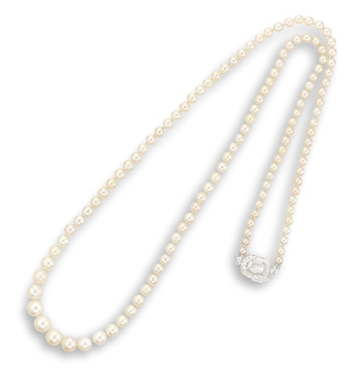 A Natural Pearl and Diamond Necklace 