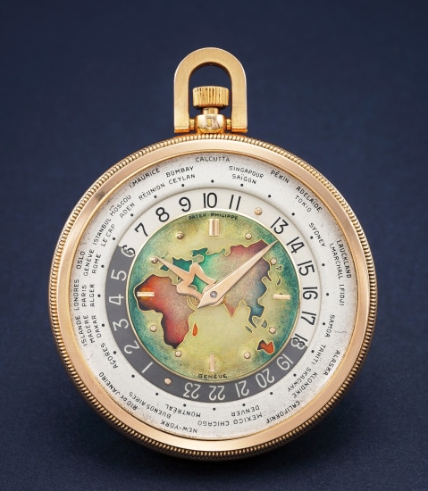 Patek Philippe A Previously Unknown And Most Probably Unique Pink Gold Open Face Worldtime Pocketwatch With Cloisonne Enamel Dial Depicting A Map Of Europe Asia Africa 1950 Phillips