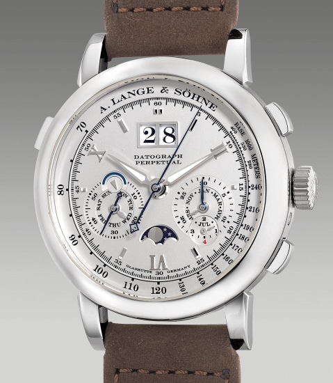 A Lange Sohne A Fine And Attractive Platinum Perpetual Calendar Flyback Chronograph Wristwatch With Large Date Moon Phases Leap Year Indication Day And Night Indication Guarantee And Box Circa 07