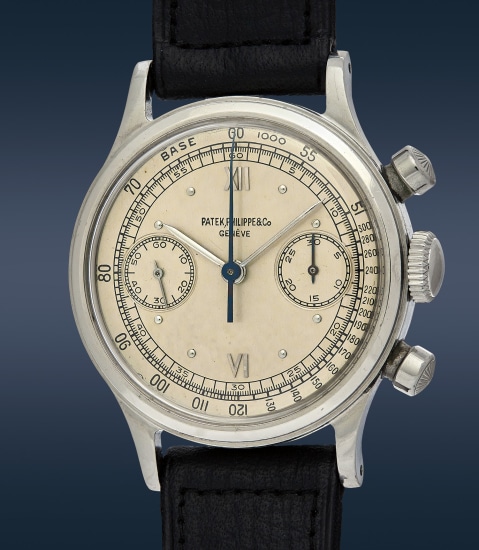 An important, very rare, and well-preserved stainless steel chronograph wristwatch with outer tachymeter scale